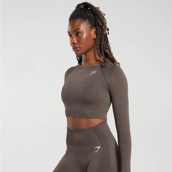 Gymshark Womens Vital Seamless 2.0 Long Sleeve Crop Top | S,M | Brown Marl NEW!! - Picture 3 of 12